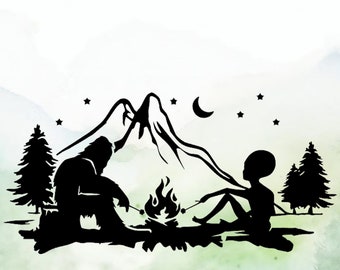 Alien and Bigfoot Campfire Vinyl Decal | Car Decal | Window Decal | Laptops. Journals and More | Indoor/Outdoor | Permanent