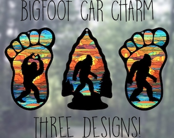 Car Rearview Mirror Suncatcher Charm | Bigfoot Heart Hands | Bigfoot in Arrowhead | Bigfoot Print | Stained Glass Sunset