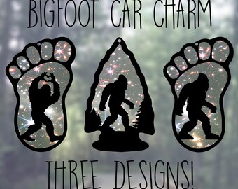 Car Rearview Mirror Suncatcher Charm | Bigfoot Heart Hands | Bigfoot in Arrowhead | Bigfoot Print | Deep Field