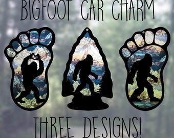 Car Rearview Mirror Suncatcher Charm | Bigfoot Heart Hands | Bigfoot in Arrowhead | Bigfoot Print | Rocky Mountains