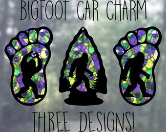 Car Rearview Mirror Suncatcher Charm | Bigfoot in Arrowhead | Mardi Gras Stained Glass
