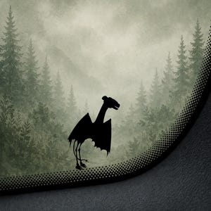 May include: A black silhouette of a pterodactyl-like creature stands against a backdrop of a misty forest. The artwork features a detailed forest scene in shades of green and gray, with a dotted border.