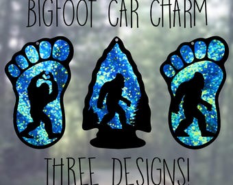 Car Rearview Mirror Suncatcher Charm | Bigfoot Heart Hands | Bigfoot in Arrowhead | Bigfoot Print | Chunky Blue Glitter Swirl