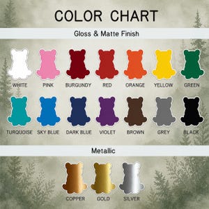 May include: A color chart displays a variety of colors in a gloss and matte finish, including white, pink, red, orange, and green. Metallic colors like copper, gold, and silver are also shown. The text "COLOR CHART" is at the top.