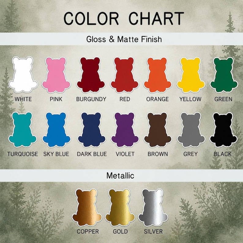 May include: A color chart displays a variety of colors in a gloss and matte finish, including white, pink, red, orange, and green. Metallic colors like copper, gold, and silver are also shown. The text "COLOR CHART" is at the top.