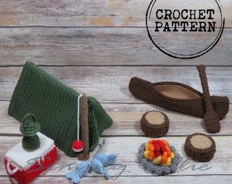 Aventure en camping à Critter Hollow | Modèle de camping au crochet | Tente | Canoë | Pêche | Feu de camp | Accessoires