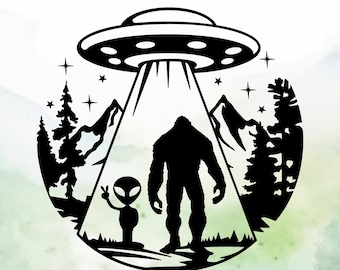 Alien and Bigfoot Abduction Vinyl Decal | Car Decal | Window Decal | Laptops. Journals and More | Indoor/Outdoor | Permanent