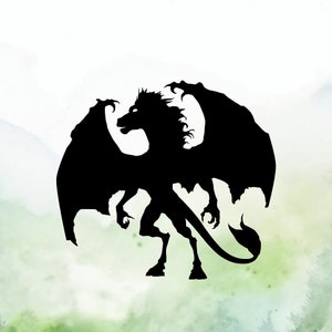 May include: Black silhouette of a dragon with wings spread wide. The dragon is facing left and has a long tail.