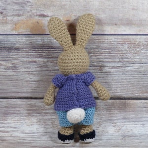 crochet amigurumi rabbit wearing shirt shorts and sneakers