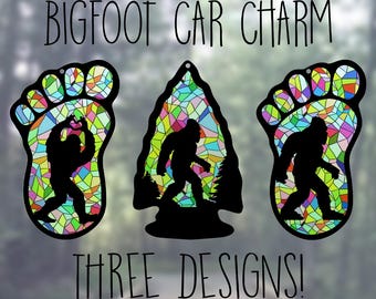 Car Rearview Mirror Suncatcher Charm | Bigfoot Heart Hands | Bigfoot in Arrowhead | Bigfoot Print | Pastel Stained Glass