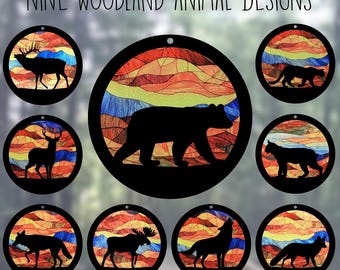 Car Rearview Mirror Suncatcher Charm | Woodland Animals | Nine Designs | Abstract Rustic Mountains Stained Glass