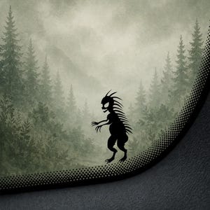 May include: A black silhouette of a creature with a spiky back and clawed hands stands against a misty forest backdrop. The creature has a small, smiling face. The background features a dense forest of evergreen trees.