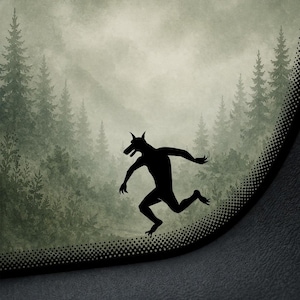 May include: A black silhouette of a werewolf running through a forest. The background features a misty forest with tall evergreen trees. The werewolf has a canine head, pointed ears, and clawed hands and feet. The image has a dark, mysterious tone.