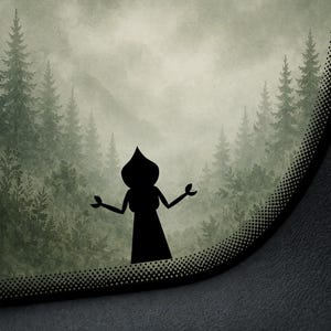 May include: A black silhouette of a figure with arms outstretched, set against a backdrop of a misty forest with tall evergreen trees. The image has a vintage, artistic style, with a soft, muted color palette.