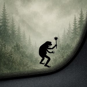 May include: A black silhouette of a creature holding a star-shaped wand, set against a misty forest backdrop. The artwork has a whimsical, fairytale theme, with a dotted border framing the scene. The color palette is muted, with shades of gray and green.