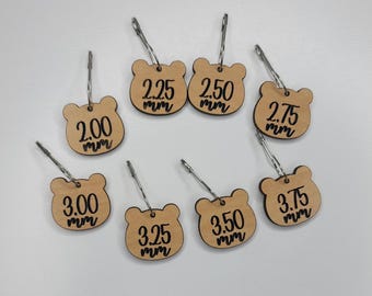 Engraved Bear Head Crochet Markers | WIP Crochet Hook Reminders | 2.00mm, 2.25mm, 2.50mm, 2.75mm, 3.00mm, 3.25mm, 3.50mm, 3.75mm
