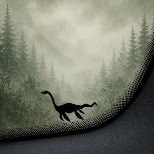 May include: A black silhouette of a Loch Ness Monster-like creature is depicted against a misty forest backdrop. The artwork features a stylized illustration of the mythical beast, with a long neck and flippers, set within a landscape of evergreen trees.