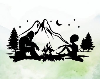 Alien and Bigfoot Campfire Vinyl Decal | Car Decal | Window Decal | Laptops. Journals and More | Indoor/Outdoor | Permanent