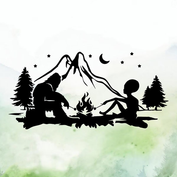 Alien and Bigfoot Campfire Vinyl Decal | Car Decal | Window Decal | Laptops. Journals and More | Indoor/Outdoor | Permanent