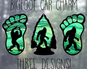 Car Rearview Mirror Suncatcher Charm | Bigfoot Heart Hands | Bigfoot in Arrowhead | Bigfoot Print | Emerald Swirl