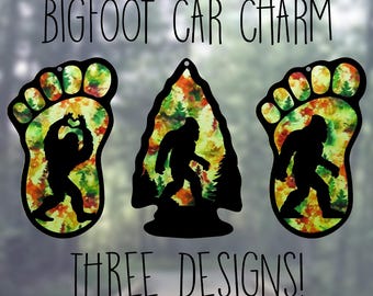 Car Rearview Mirror Suncatcher Charm | Bigfoot Heart Hands | Bigfoot in Arrowhead | Bigfoot Print | Fall Watercolor Trees