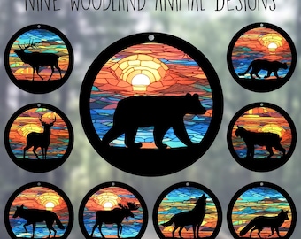 Car Rearview Mirror Suncatcher Charm | Woodland Animals | Nine Designs | Stained Glass Sunset