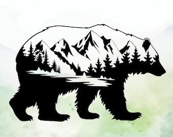 Mountain Bear Vinyl Decal | Wildlife Silhouette Sticker | Forest and Mountain Car Decal | Nature Adventure Laptop Camper Decor