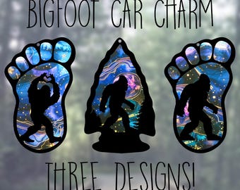 Car Rearview Mirror Suncatcher Charm | Bigfoot Heart Hands | Bigfoot in Arrowhead | Bigfoot Print | Dark Cosmos