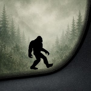 May include: A black silhouette of Bigfoot walking across a dotted line, set against a backdrop of a misty forest with evergreen trees. The image has a vintage, slightly faded aesthetic, evoking a sense of mystery and the outdoors.