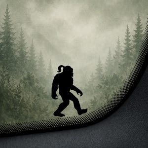 May include: A black silhouette of Bigfoot walking across a dotted line, set against a misty forest backdrop. The creature has a ponytail. The background features a dense forest of evergreen trees in shades of green and gray.
