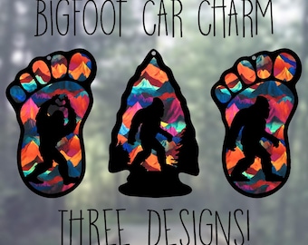 Car Rearview Mirror Suncatcher Charm | Bigfoot Heart Hands | Bigfoot in Arrowhead | Bigfoot Print | Bold Mountains