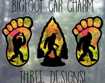 Car Rearview Mirror Suncatcher Charm | Bigfoot Heart Hands | Bigfoot in Arrowhead | Bigfoot Print | Fall Tree Tops