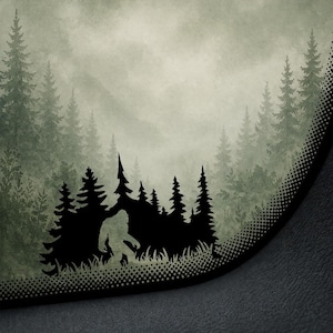 May include: A forest scene with a silhouette of a Bigfoot figure walking through the trees. The background features a misty forest with tall evergreen trees. The image has a vintage, outdoorsy feel.