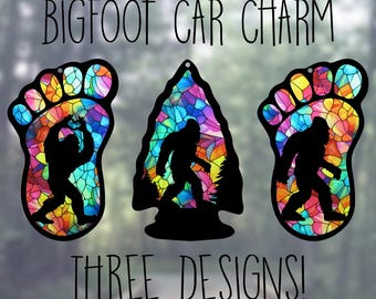 Car Rearview Mirror Suncatcher Charm | Bigfoot Heart Hands | Bigfoot Arrowhead | Bigfoot Print | Colorful Stained Glass