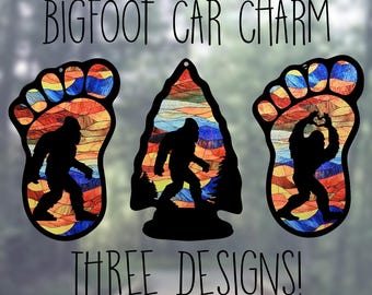 Car Rearview Mirror Suncatcher Charm | Bigfoot Heart Hands | Bigfoot in Arrowhead | Bigfoot Print | Abstract Rustic Mountains Stained Glass
