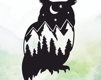 Owl with Night Sky and Mountains Vinyl Decal | Car Decal | Window Decal | Laptops. Journals and More | Indoor/Outdoor | Permanent