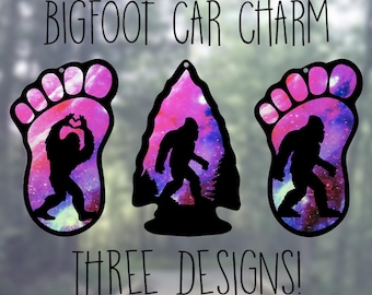 Car Rearview Mirror Suncatcher Charm | Bigfoot Heart Hands | Bigfoot in Arrowhead | Bigfoot Print | Galaxy