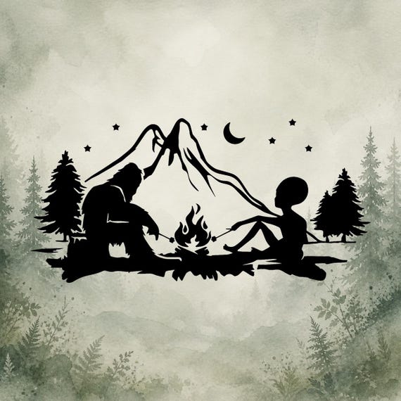 Alien and Bigfoot Campfire Vinyl Decal | Car Decal | Window Decal | Laptops. Journals and More | Indoor/Outdoor | Permanent