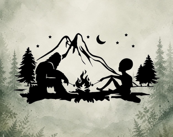 Featured listing image: Alien and Bigfoot Campfire Vinyl Decal | Car Decal | Window Decal | Laptops. Journals and More | Indoor/Outdoor | Permanent