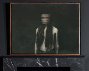 May include: A dark living room with a black marble fireplace, a black leather sofa, a wooden coffee table, and a framed black and white portrait hanging above the fireplace.