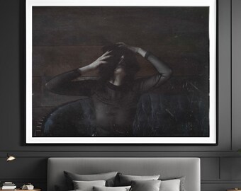 Bliss: Dramatic Woman Wall Art, Bedroom Vintage Poster, Melancholy Emotional Prints, Dark Aesthetic Photography, Moody Decor for Living Room