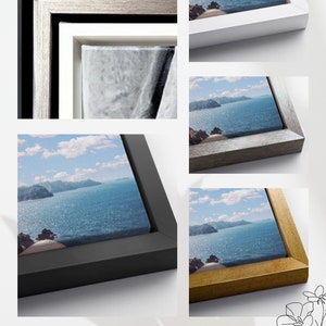 May include: Framed canvas prints with a seascape image. The frames are available in black, white, gold, and silver.