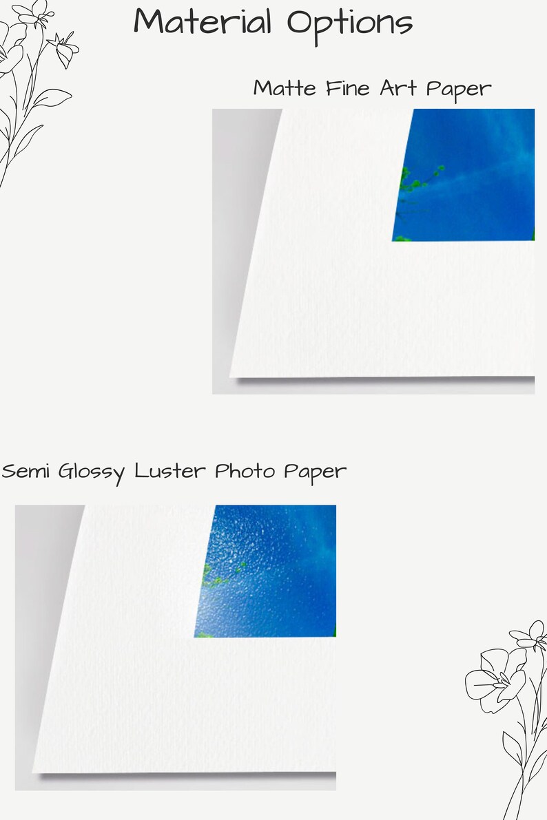 May include: Two samples of paper showing the difference between matte fine art paper and semi-glossy luster photo paper. The image shows a close-up of the paper texture and a small portion of a blue and green abstract painting printed on each paper type.