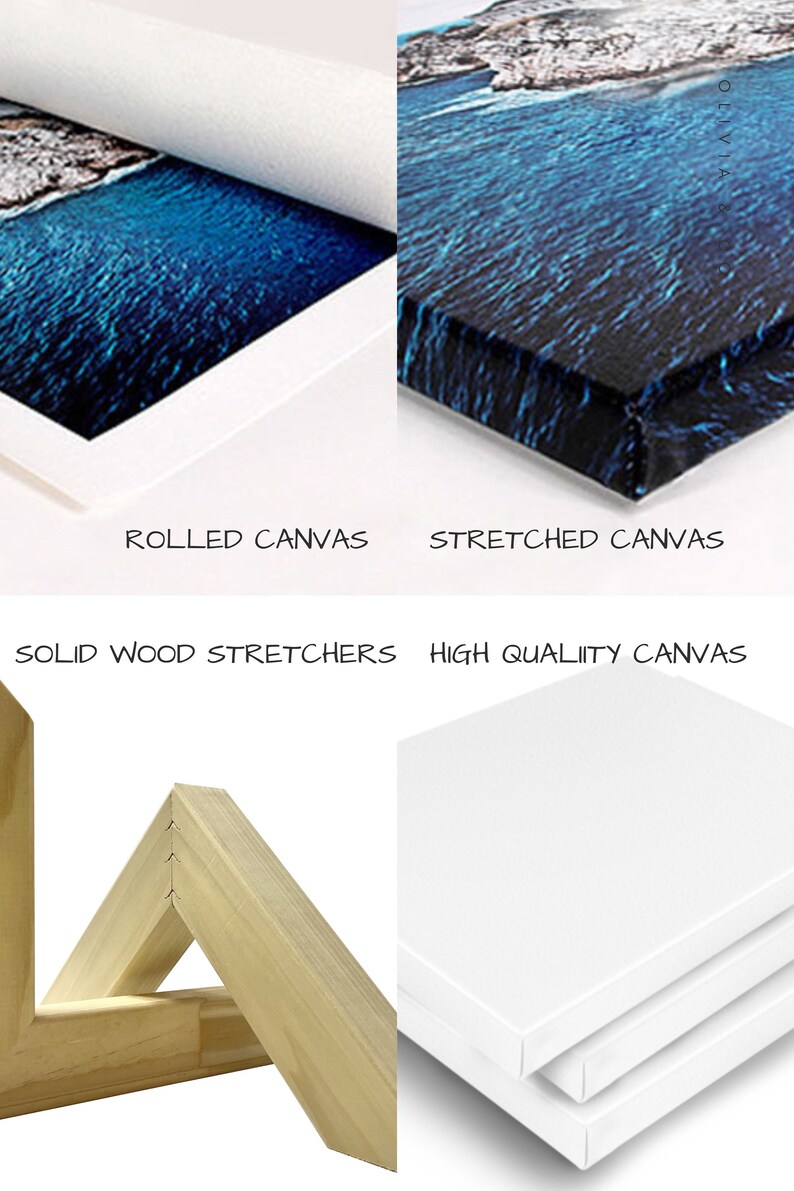 May include: Two options for displaying canvas prints: rolled canvas, which is shipped in a tube, and stretched canvas, which is mounted on a wooden frame. The stretched canvas option features solid wood stretchers.