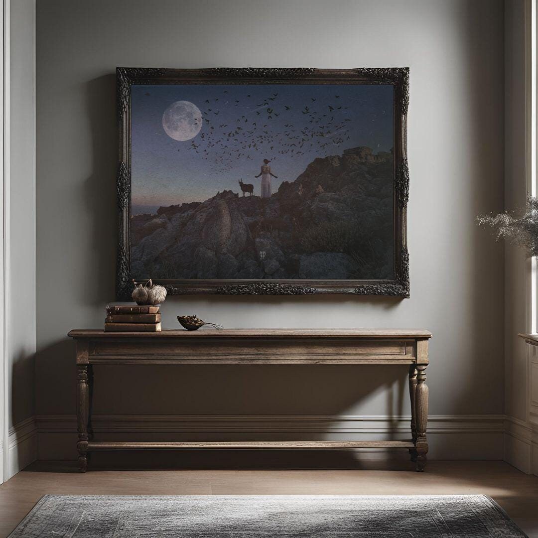 The Gathering: Dark Occult Nude Female, Goat Raven Moon Wall Art, Pagan Witch Goth Art, Creepy