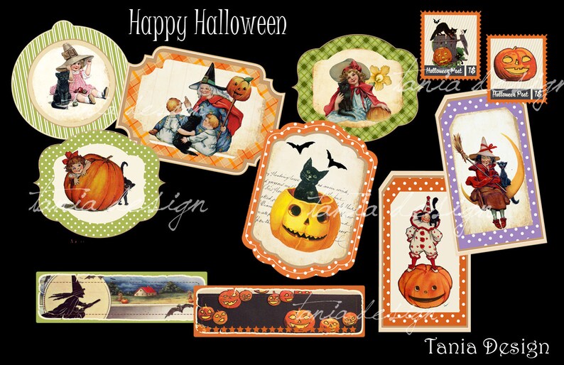 Scrapbooking Download Greeting cards set of 11 tags- Printable Happy Halloween Tags digital collage sheet