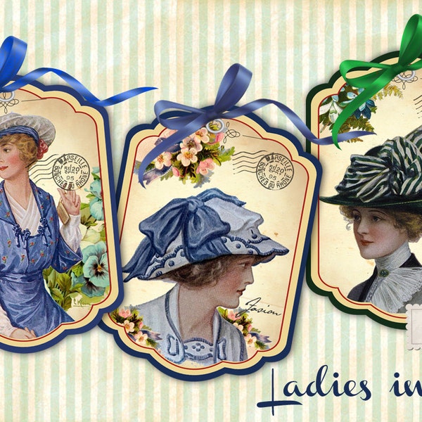 Ladies in hats -Gift Tags -Vintage Cards - Digital Collage Sheet - Digital Download