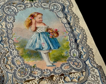 Antique Victorian Greeting Card Silver Paper Lace Small Girl Basket Of Roses