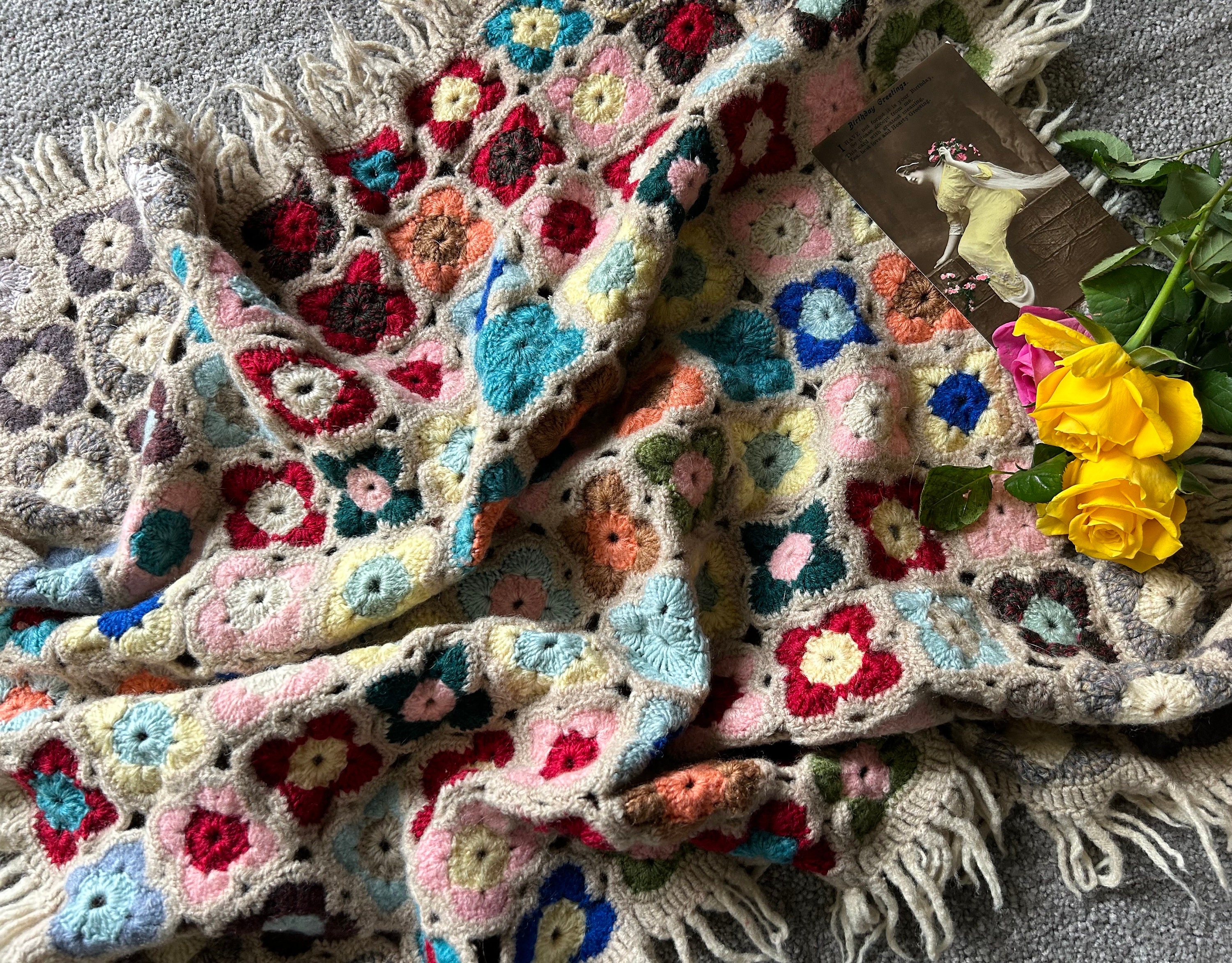 Granny Square Style Rag Rug Genuine Vintage Hand Crocheted Granny Squares Small Blanket Rug Table ...