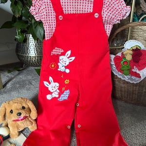 Puede incluir: Un conjunto vintage rojo para niños pequeños. Cuenta con una camisa con cuello a cuadros rojos y blancos y un mono rojo con bordados de conejos y flores blancas. El conjunto tiene botones blancos. Probablemente de los años 70 u 80.